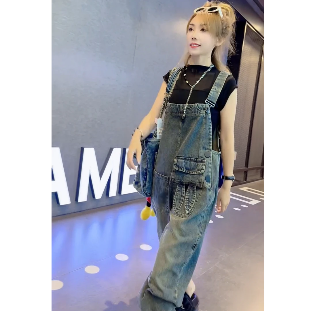 大码时尚兔耳朵宽松牛仔背带裤女2024新款早秋减龄显瘦休闲连体裤