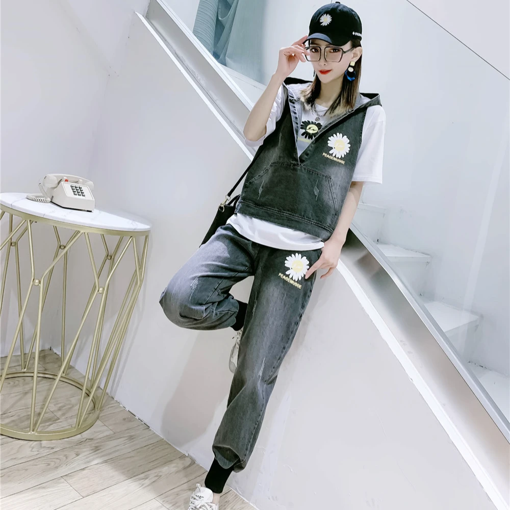 小雏菊牛仔三件套女欧洲站春季韩版宽松高腰显瘦哈伦裤九分潮