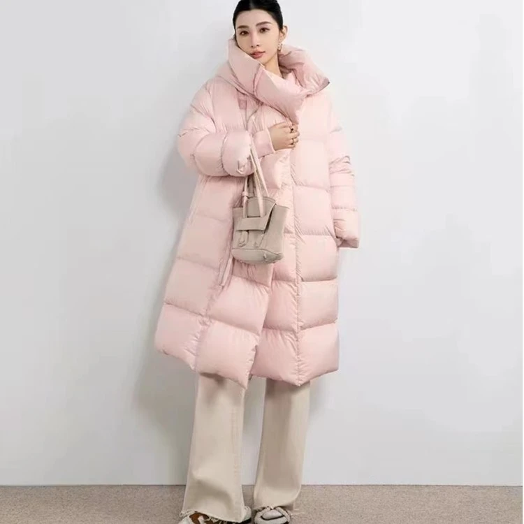 柚红新长款羽绒服大被子显瘦连帽拉链宽松休闲轻盈面料鹅绒外套