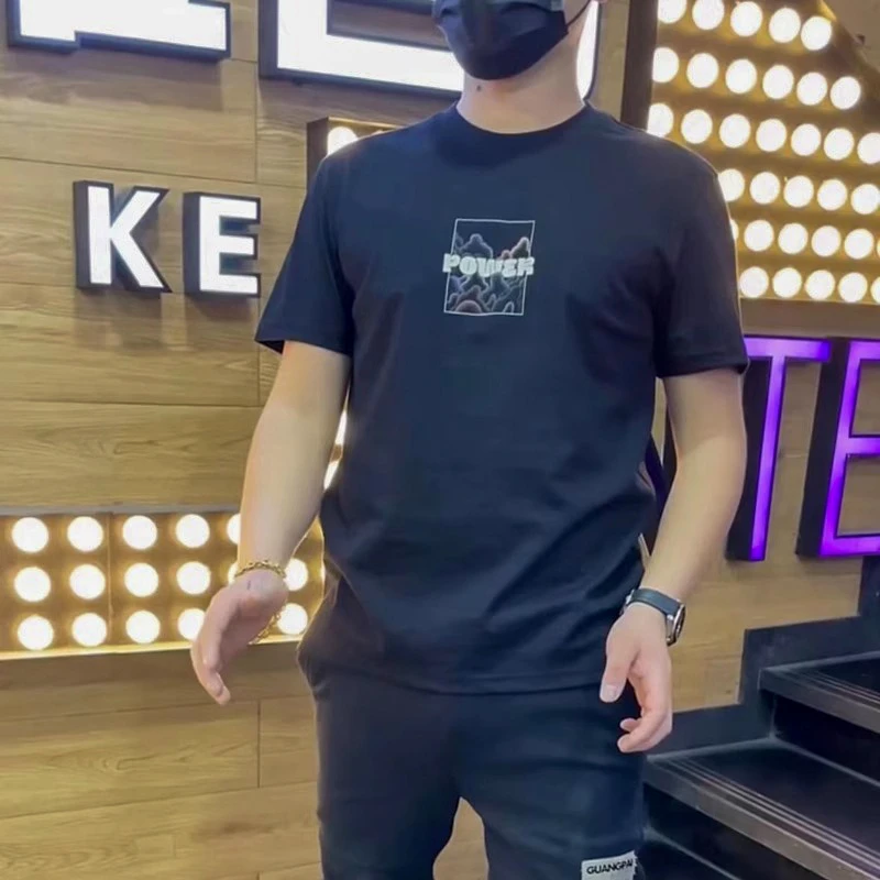 高品质夏季新款男士百搭潮流时尚圆领彩绘短袖t恤上衣半袖男潮帅