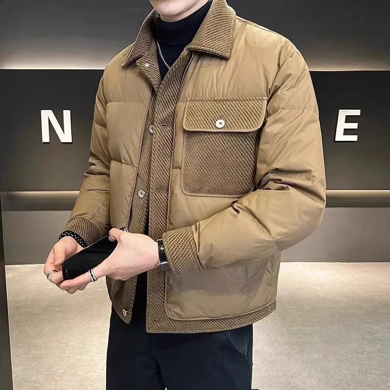 2024冬季新款轻薄保暖翻领男装潮高级感拼接羽绒棉服男士短款外套