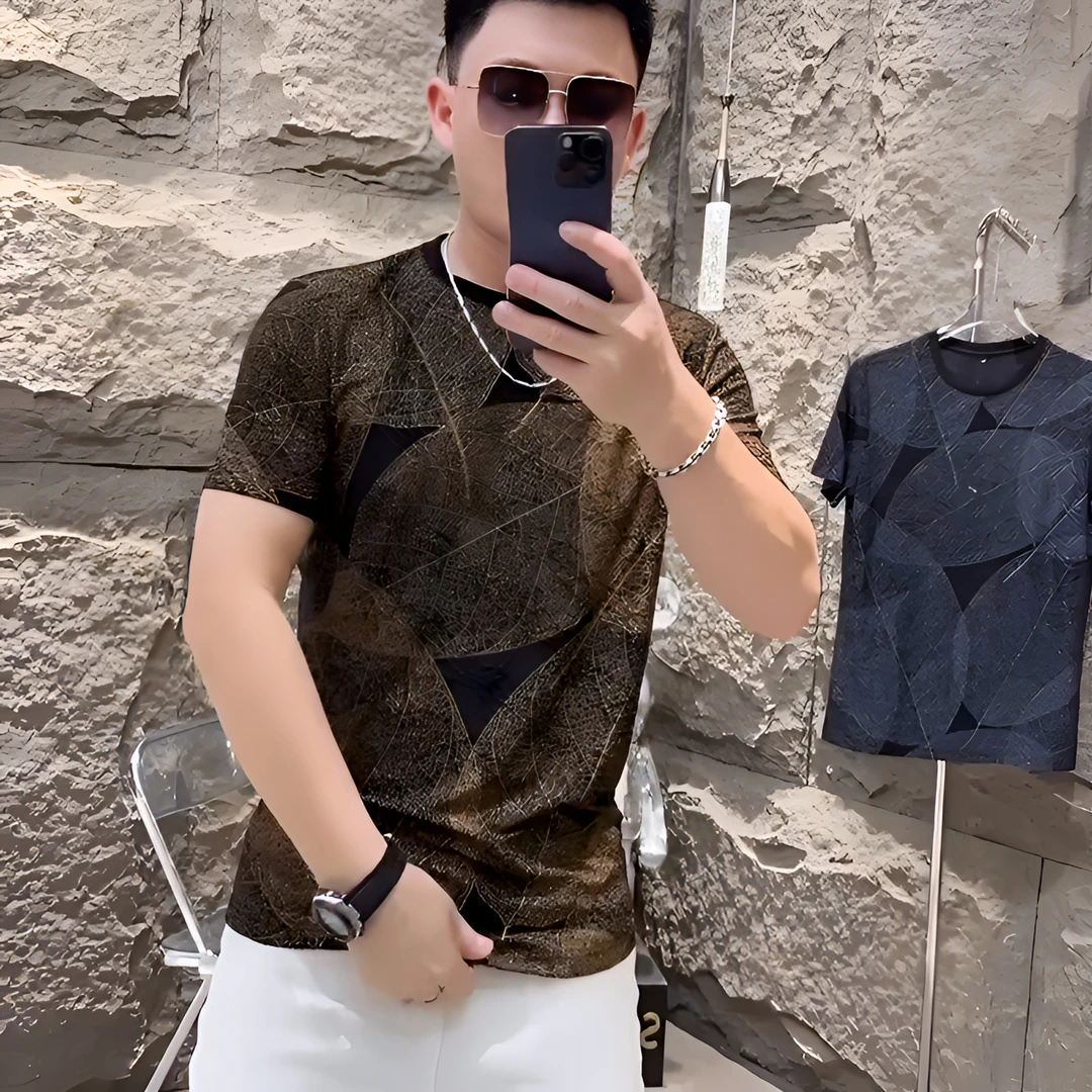 轻奢夏季新款短袖t恤男时尚百搭欧货半袖男士圆领叶子提花休闲T恤