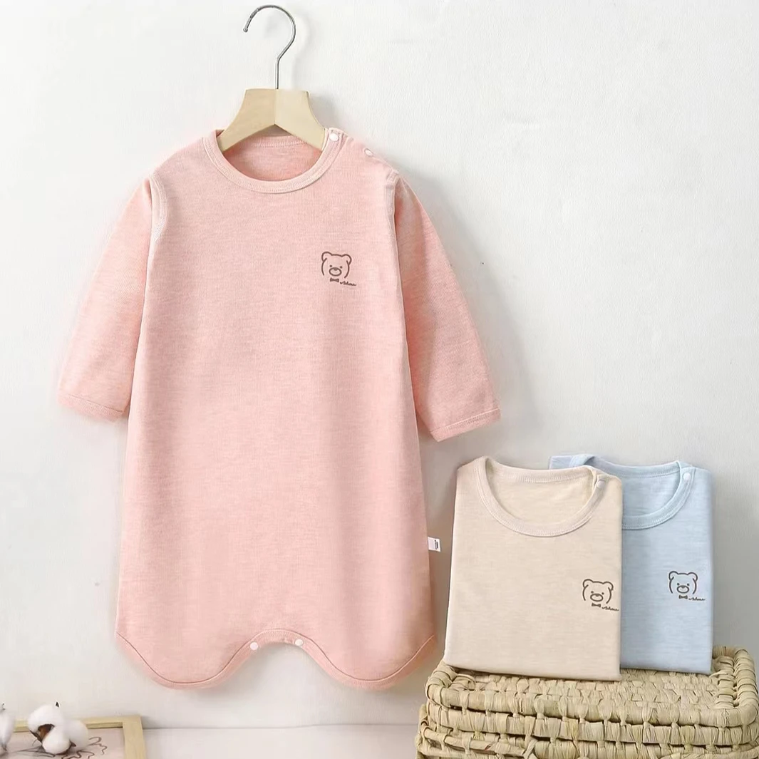 婴儿彩棉睡袍四季款儿童纯无骨棉连体裙宝宝长袖春秋家居防踢睡袋