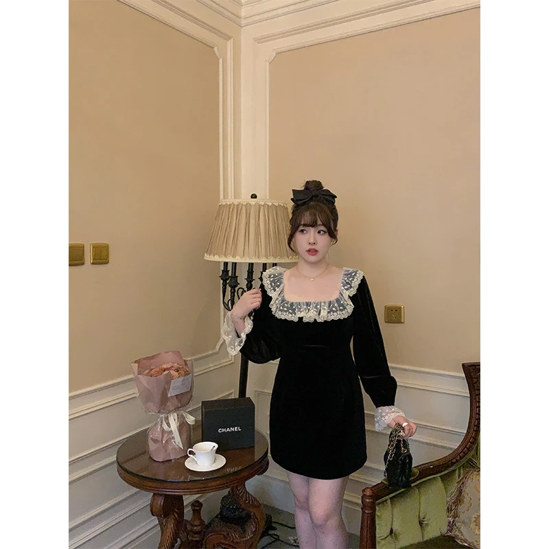 【青】唐不灵微胖《星光变奏曲》显瘦高级感法式小香风千金黑色连衣裙