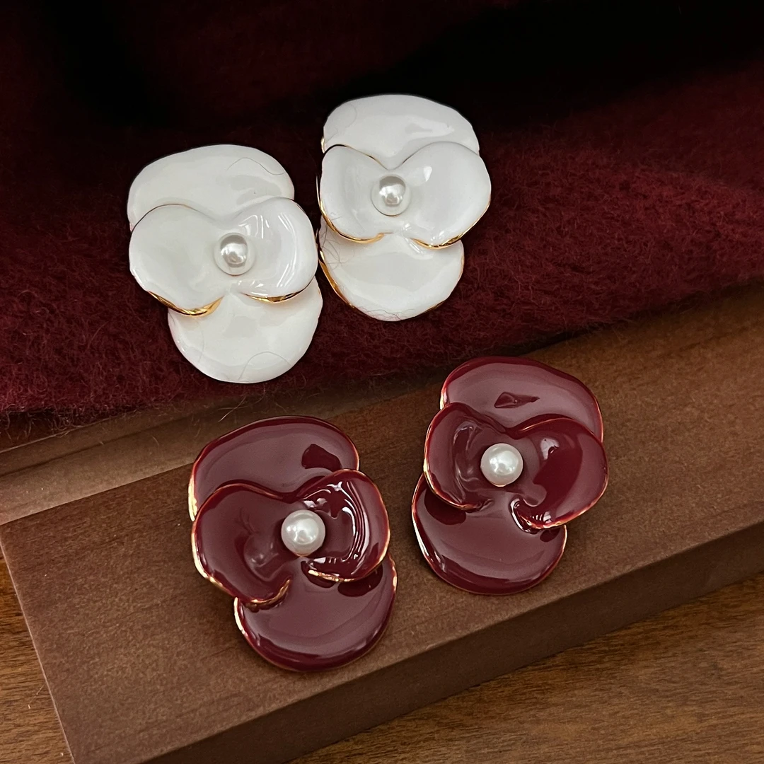 愿岛 铜合金仿珍珠耳饰 法式珐琅立体虞美人仿珍珠耳钉EH EH1251