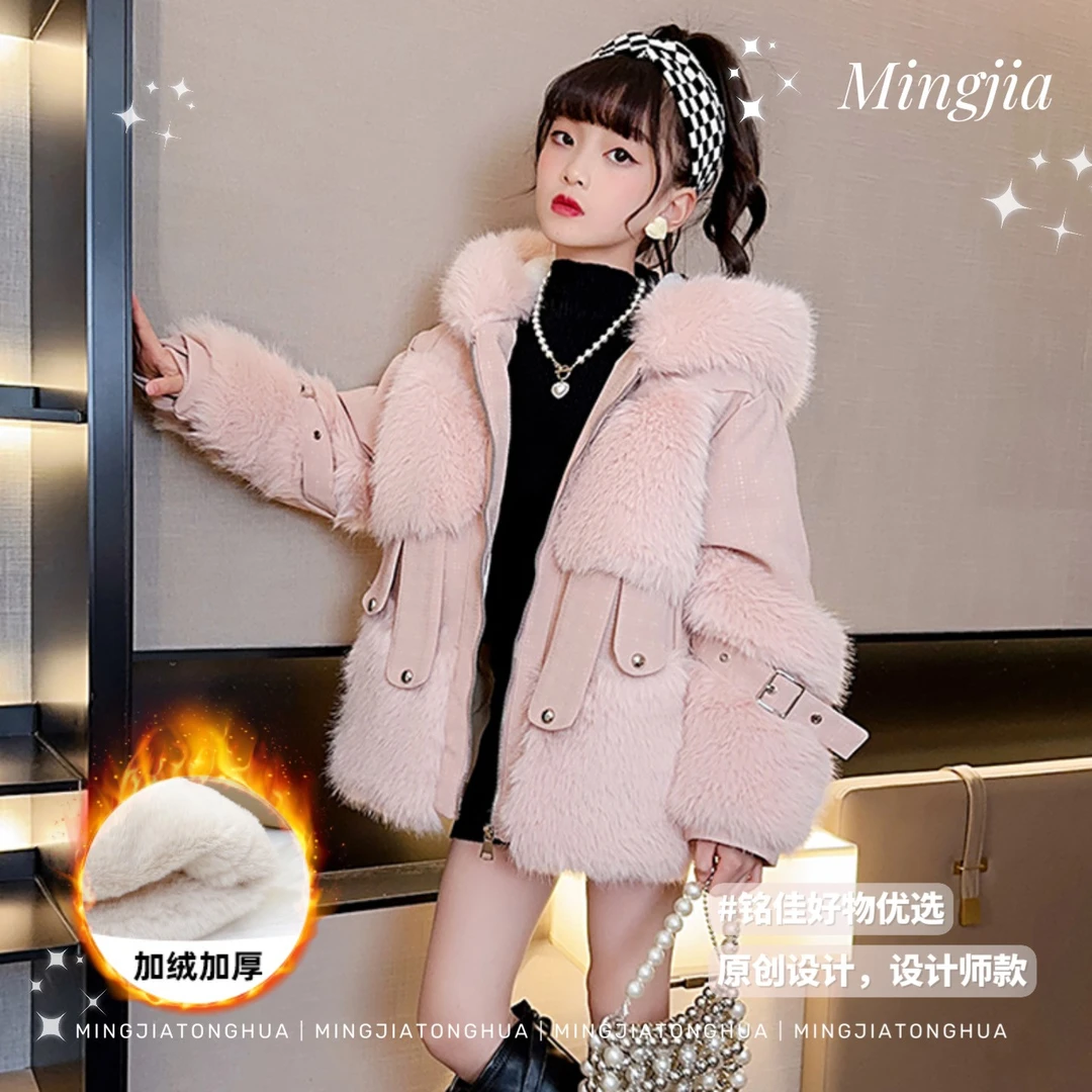 冬季洋气韩版淑女童装女童加绒加厚连帽毛领皮派克服毛毛衣外套潮