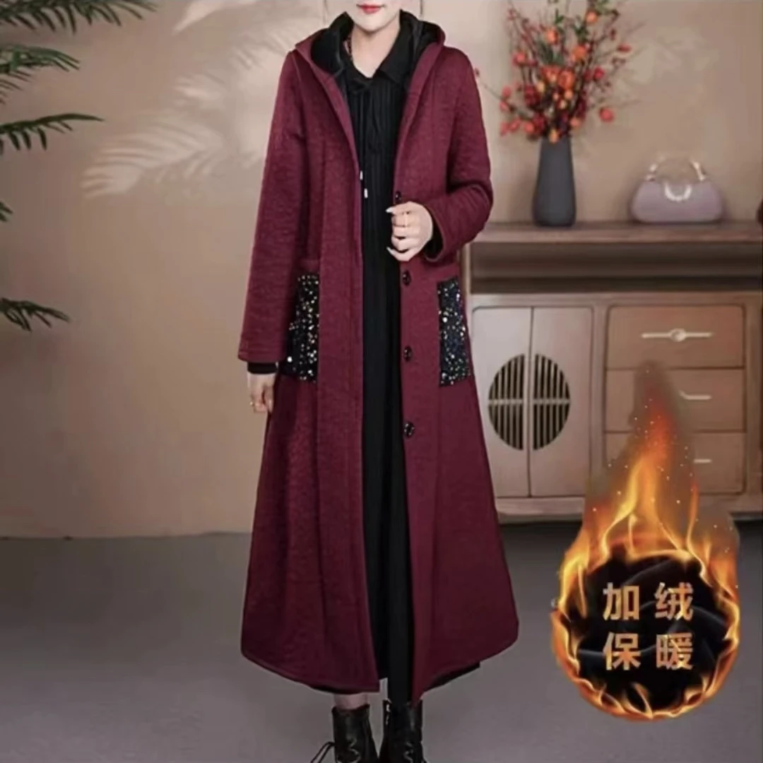 【加绒款】秋冬新款加绒加厚中长款连帽风衣外套时尚减龄大衣外套