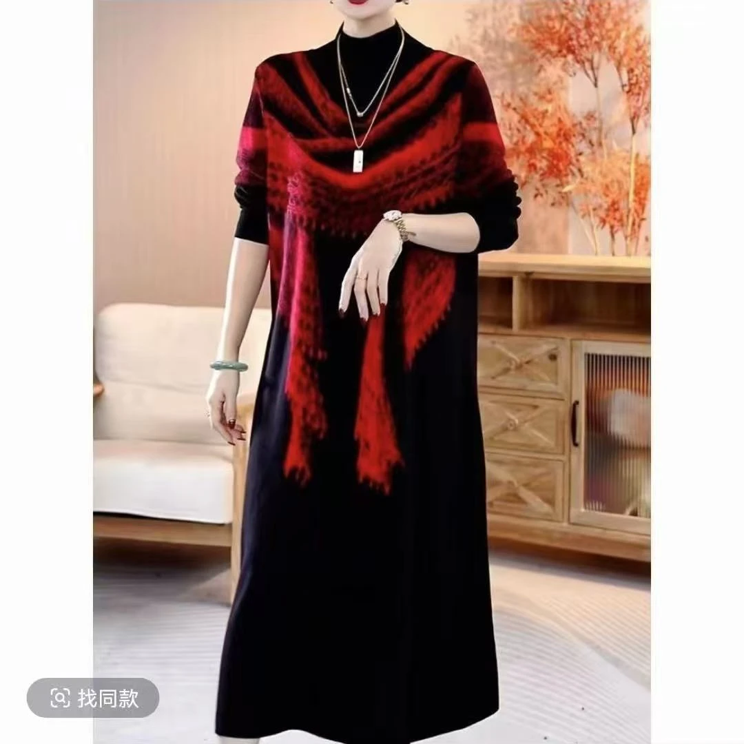 冬季保暖宽松3D立体提花高端时尚中长款显瘦洋气毛衣连衣裙女