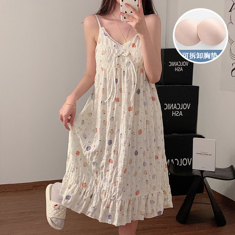 南方生活甜美带胸垫吊带睡裙女棉绉布夏季大码孕妇可爱夏天家居服