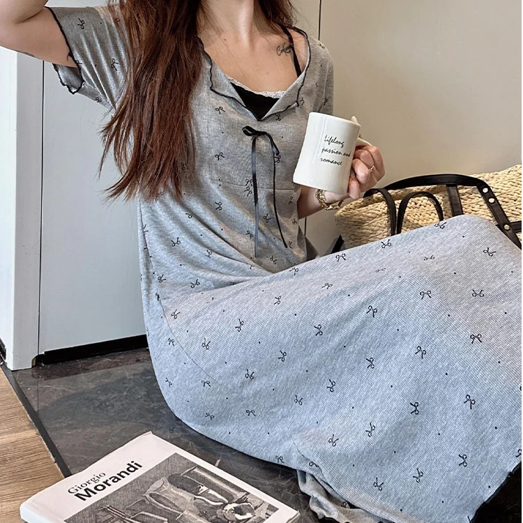 南方生活假两件蝴蝶结睡裙女夏季薄款莫代尔带胸垫甜美风短袖睡衣