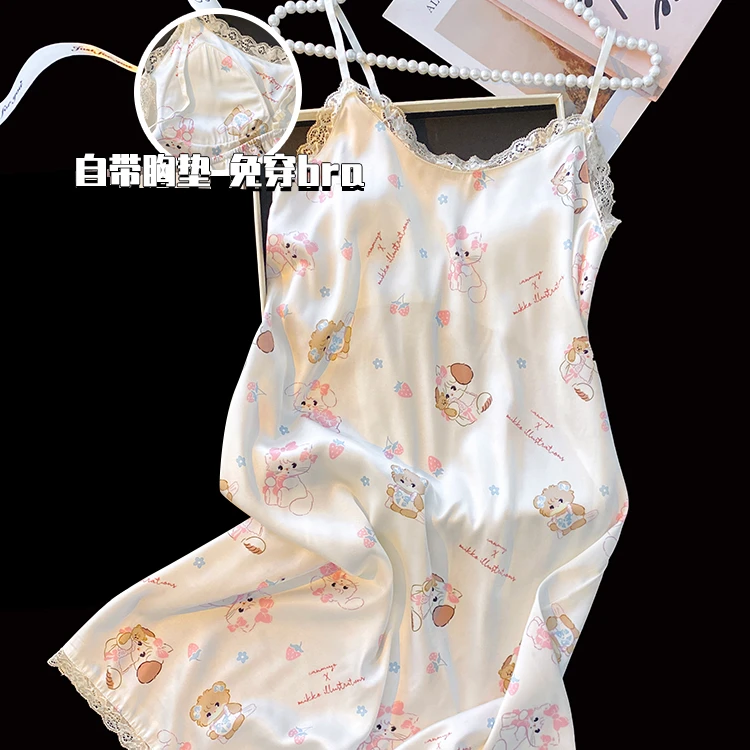 南方生活日系卡通mikko冰丝睡裙女夏季吊带性感睡衣带胸垫家居服