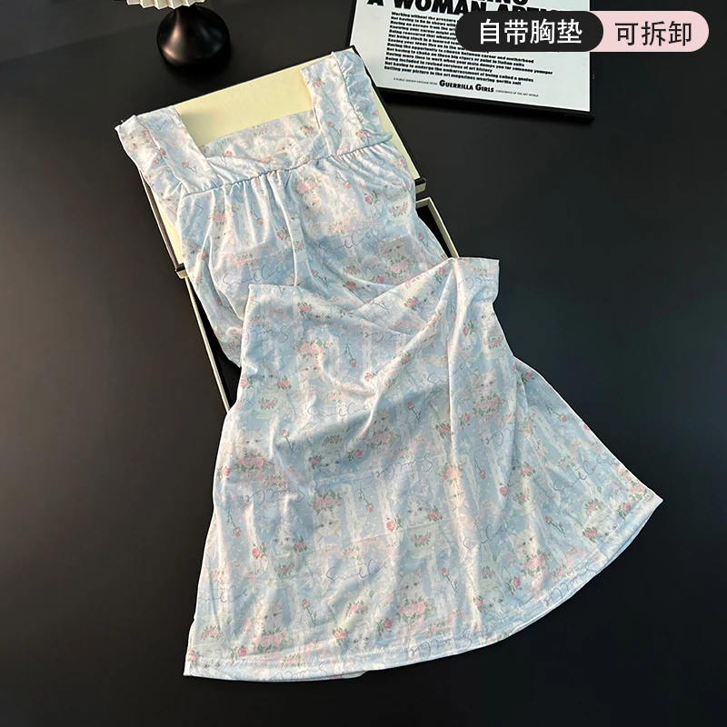 南方生活猫咪精灵睡裙女夏季日系卡通吊带带胸垫睡衣甜美风家居服