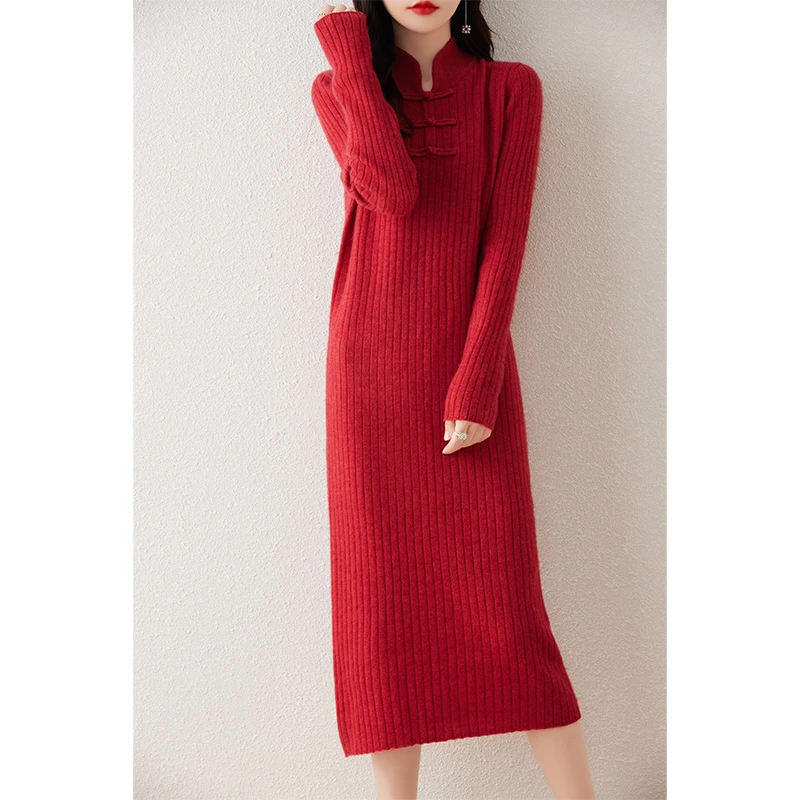 新中式盘扣新款100%纯羊毛针织中长款显瘦直筒裙毛衣裙开春洋气