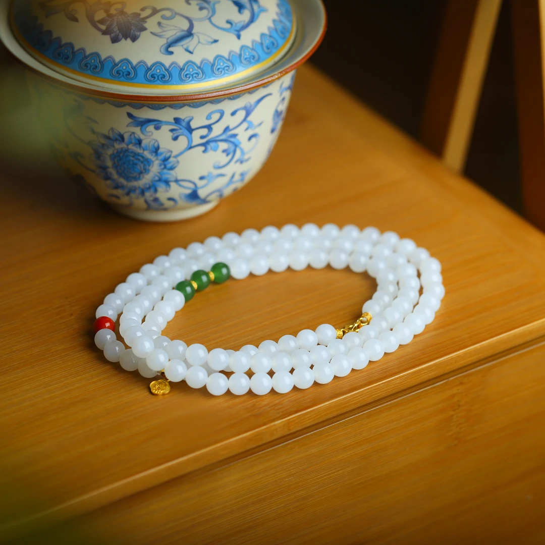 和田玉羊脂白玉轻奢国潮风6mm珠链女士镶金项链女款毛衣链吊坠链