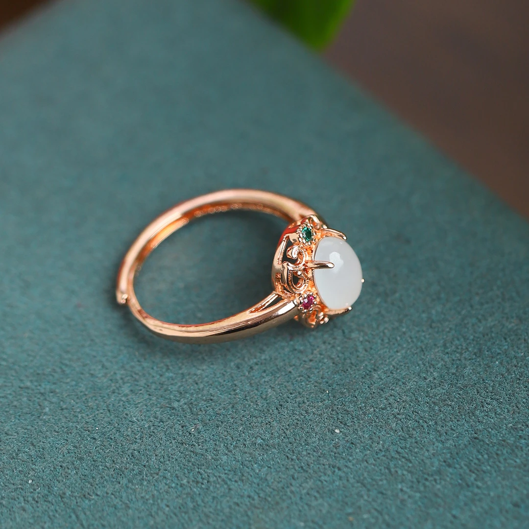 和田玉白玉时尚百搭复古轻奢镶嵌925银活口戒指女士戒圈女款指环