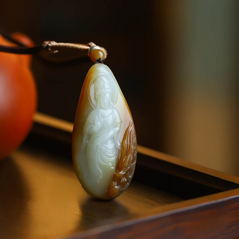 新疆和田玉手工俏色巧雕刻观音吊坠男士挂件男款挂坠女士项坠女款