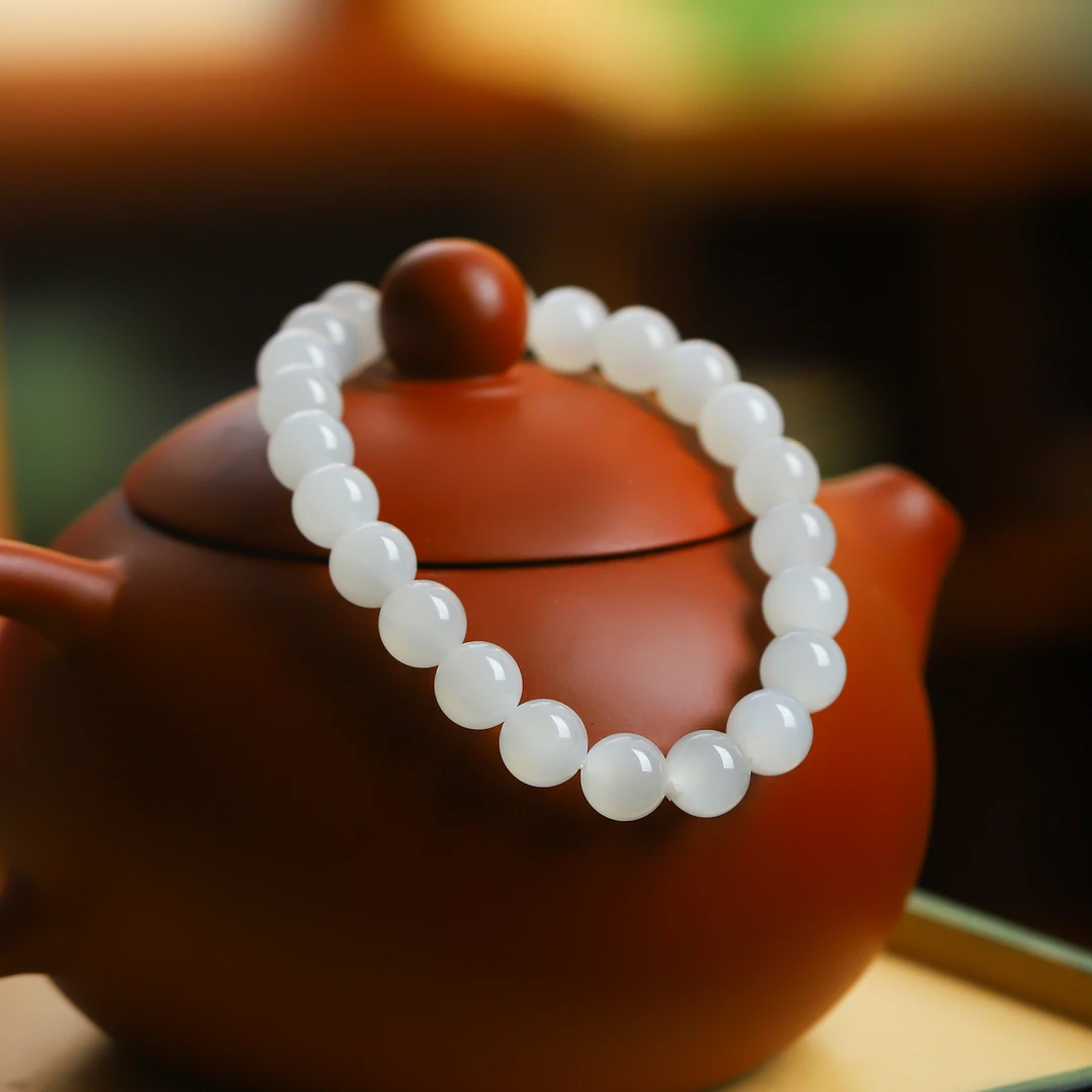 和田玉羊脂白玉高冰底猫眼时尚轻奢8mm手串素圈女士素款手链女款