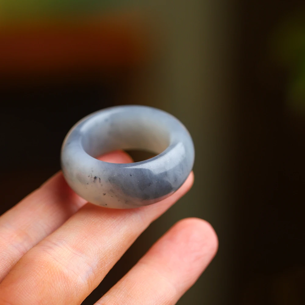 新疆和田玉自带天然山水意境青花素款时尚戒圈男士戒指环男款扳指