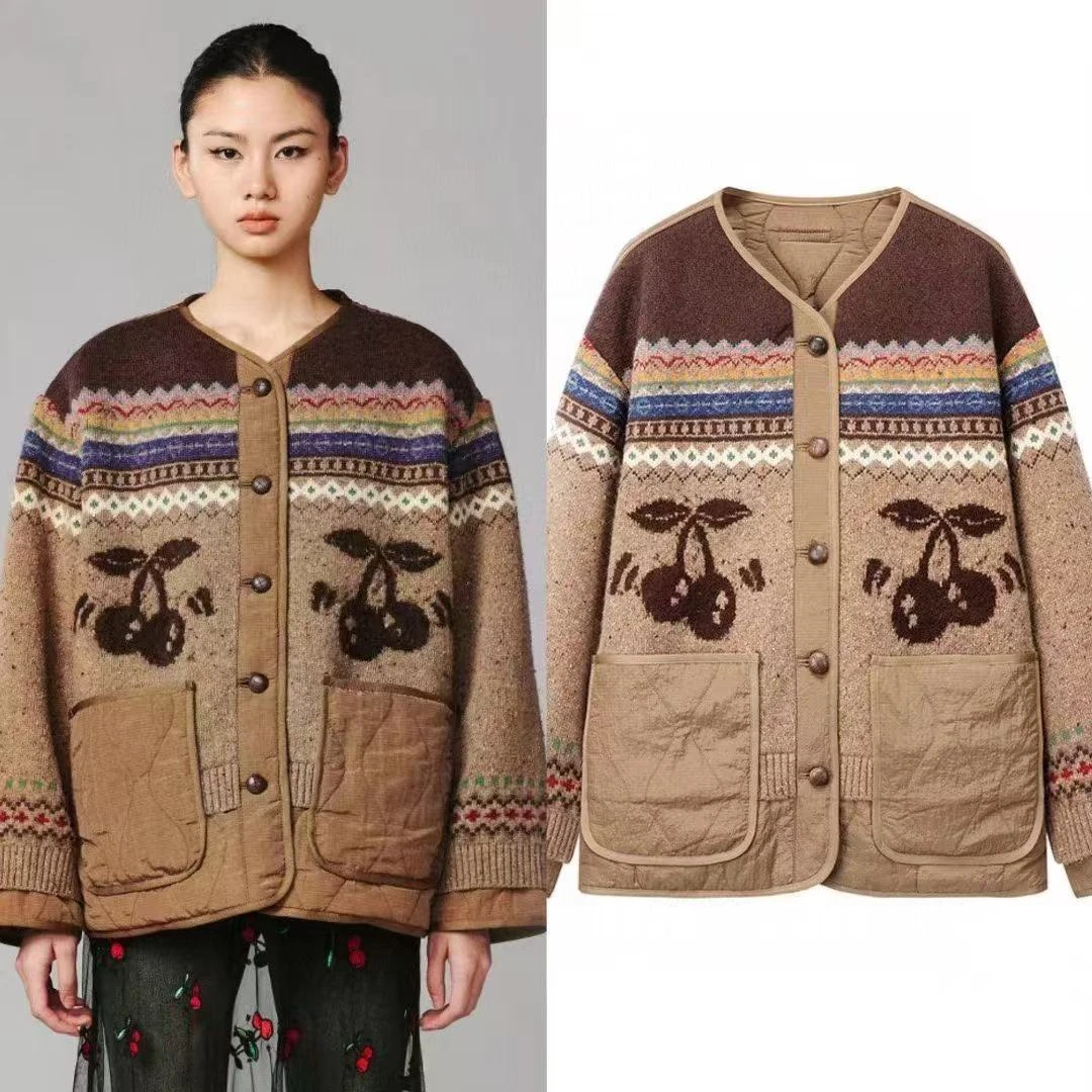 【菱格纹樱桃】2024冬季复古棉服菱格纹双面穿开衫宽松时尚休闲A220