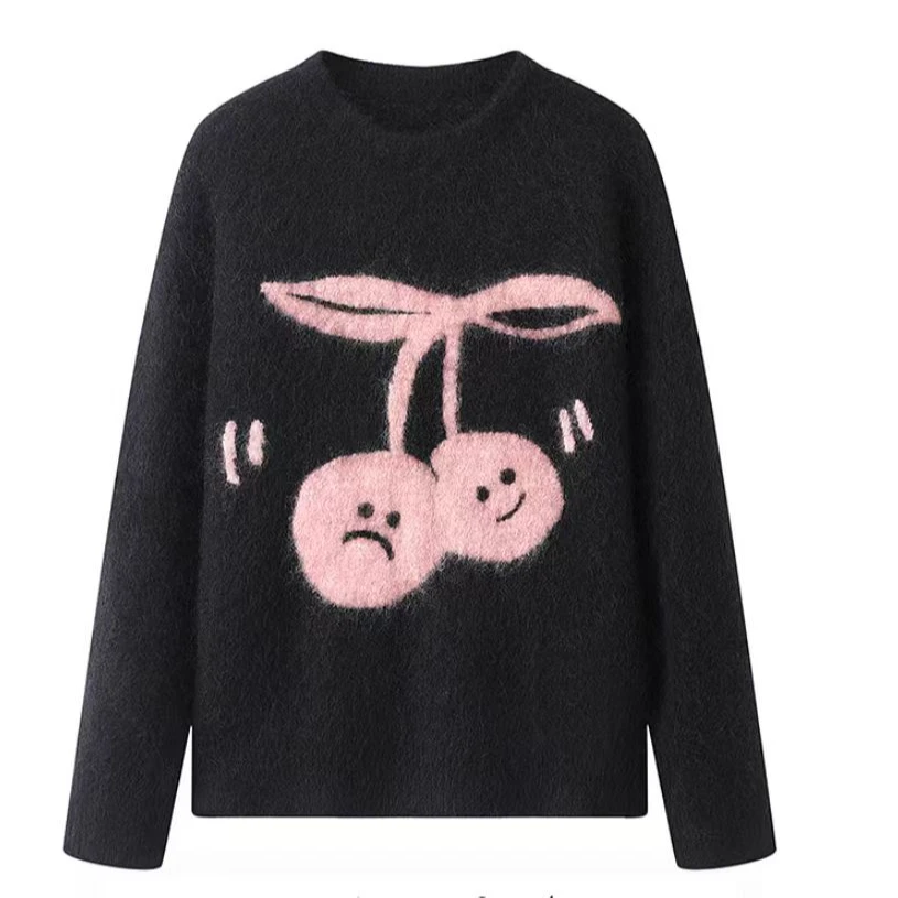 【动感樱桃】2024秋季新款樱桃套头毛衫秋冬圆领宽松提花毛衣