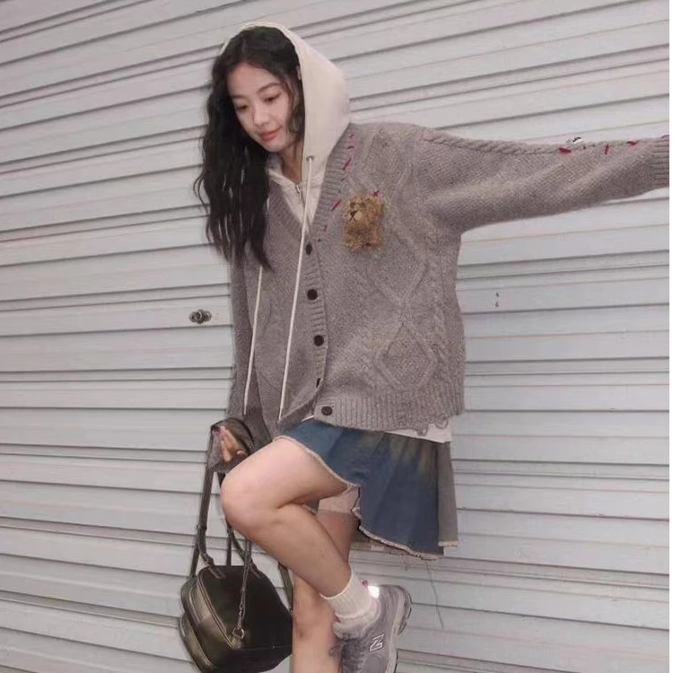 【布丁熊】2024冬季新款连帽单排扣长袖系带针织衫开衫A221