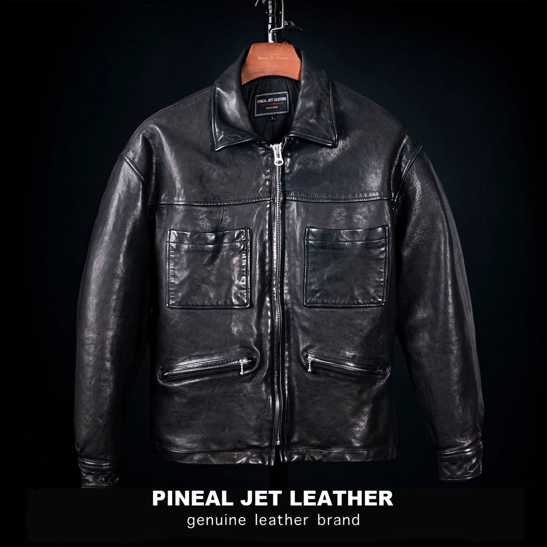 PJL新款春秋百搭扩版复古水洗做旧羊皮翻领四兜绵羊皮夹克