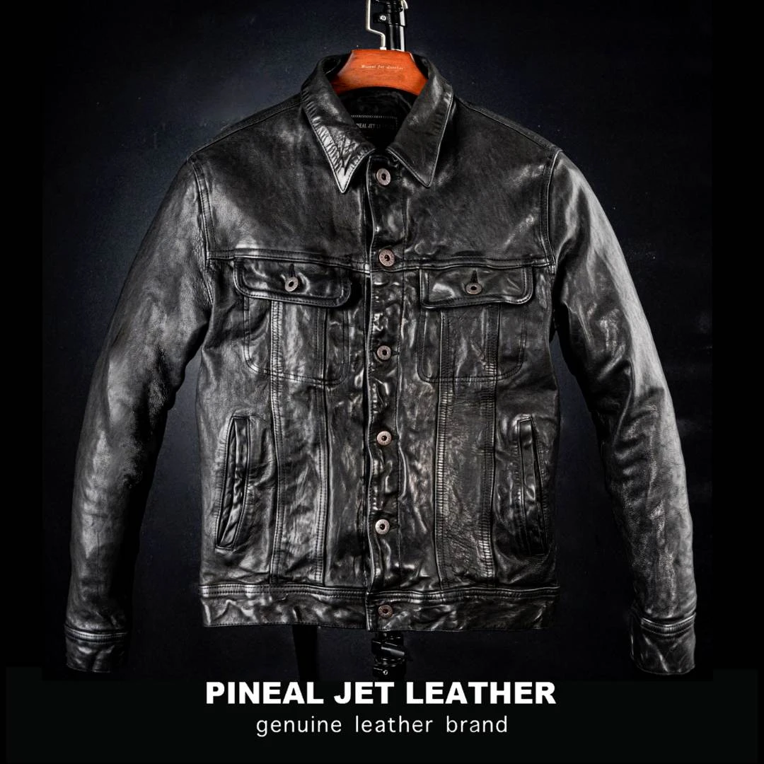 PJL日系新品男装水洗做皱无涂头层绵羊皮牛仔款夹克皮衣黑牛仔羊