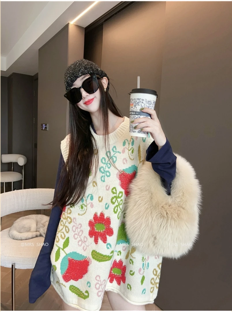 香家【马蹄莲】宽松针织马甲女套头坎肩时尚圆领韩版42