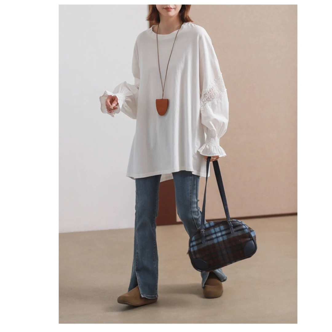 【巴黎浪漫】长袖百搭文艺蕾丝袖宽松白色设计感T外穿打底衫衬衫476