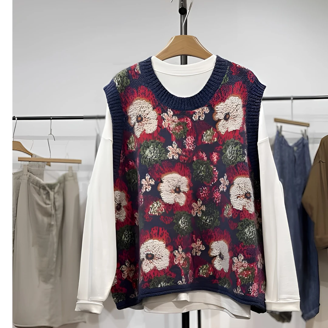 香家【国风大丽花】慵懒风宽松针织马甲女套头设计感坎肩时尚民族风