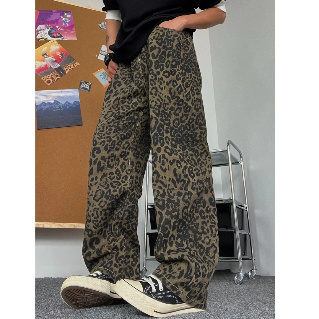 豹纹裤子爆款2024新款美式复古牛仔裤男高街潮牌大码宽松直筒阔腿