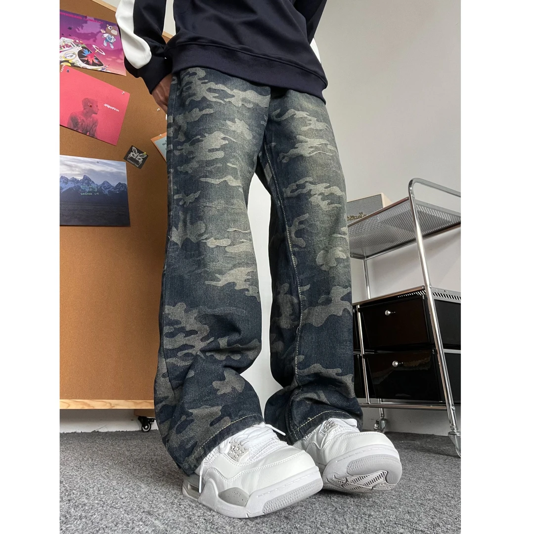 2024炸街潮牌牛仔裤男春秋美式高街迷彩裤子直筒宽松大码阔腿长裤