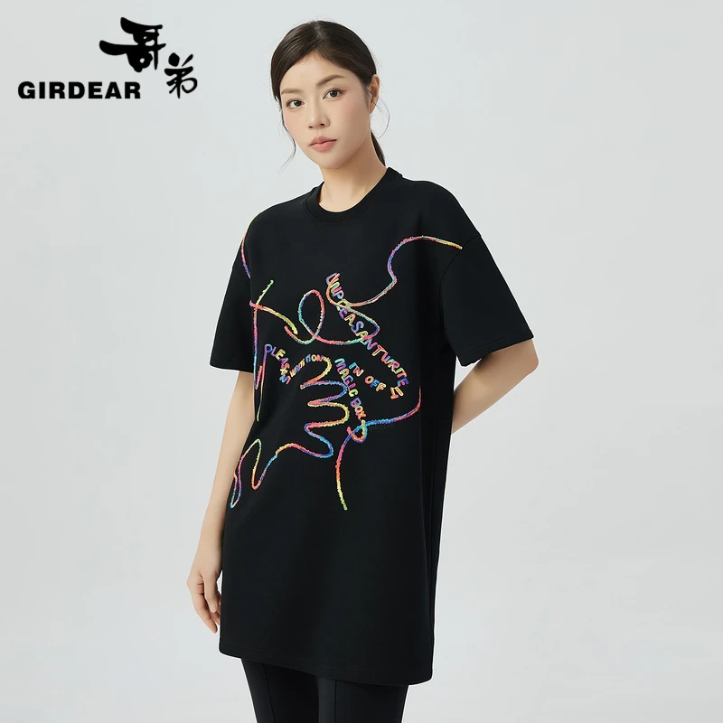 GIRDEAR/哥弟黑色涂鸦中长款T恤舒适透气圆领宽松短袖女1300418