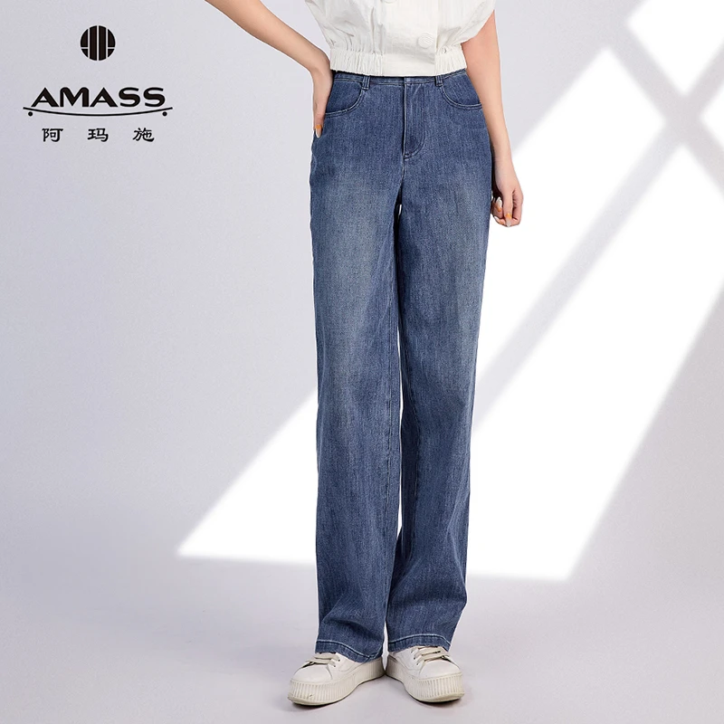 AMASS/阿玛施高腰直筒显瘦牛仔裤时尚百搭宽松休闲长裤女5100588