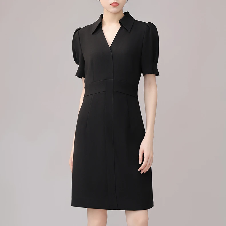 GIRDEAR/哥弟气质V领泡泡袖女装连衣裙新款纯色短袖长裙女1500460