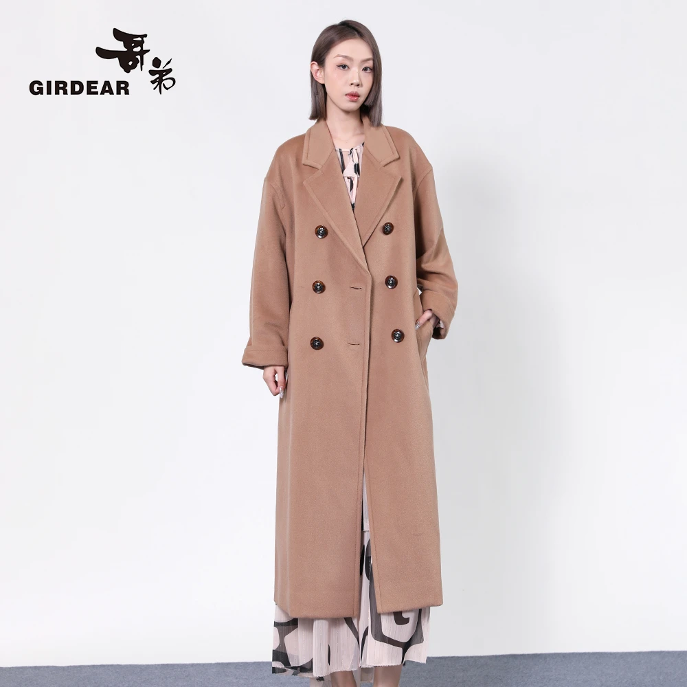 哥弟女装新款时尚百搭经典款双排扣绵羊毛宽松H型大衣外套1400775