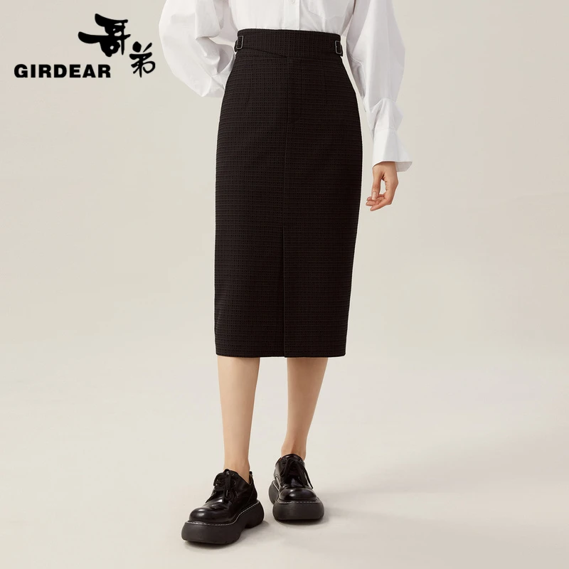 GIRDEAR/哥弟黑色西装中长款显瘦半身裙高腰开叉职业女裙1200292