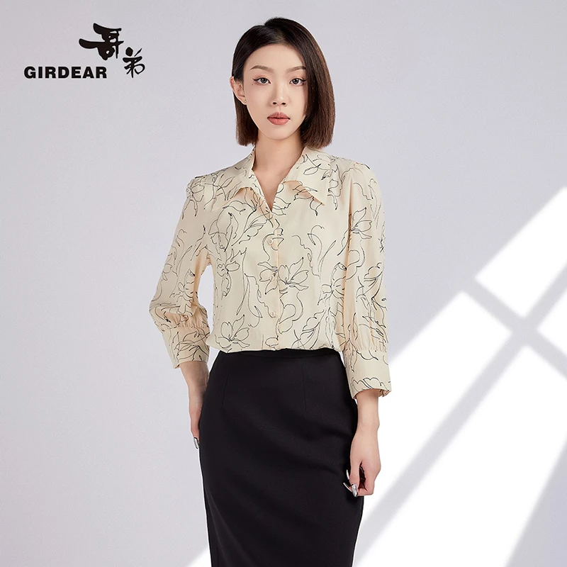 GIRDEAR/哥弟碎花印花7分袖翻领衬衫时尚百搭气质女士衬衣1300660