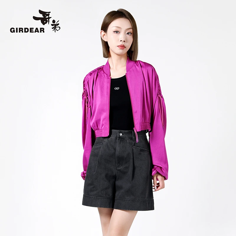 GIRDEAR哥弟 辣妹风运动时尚抽绳设计短款露脐外套上衣女1400574