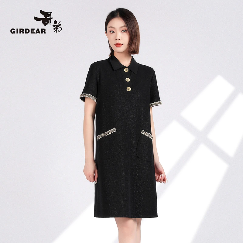 GIRDEAR哥弟小香风直筒polo裙夏季新款黑色气质短袖连衣裙1500297