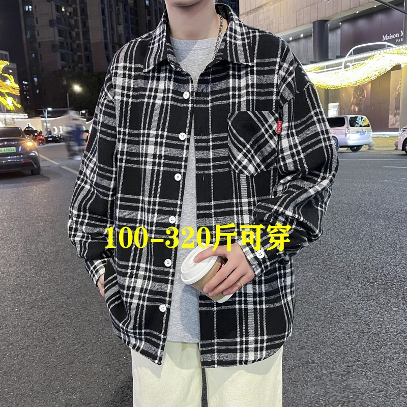 春秋休闲衬衫男长袖百搭宽松上衣加肥大码学生帅气打底衫胖子衬衣