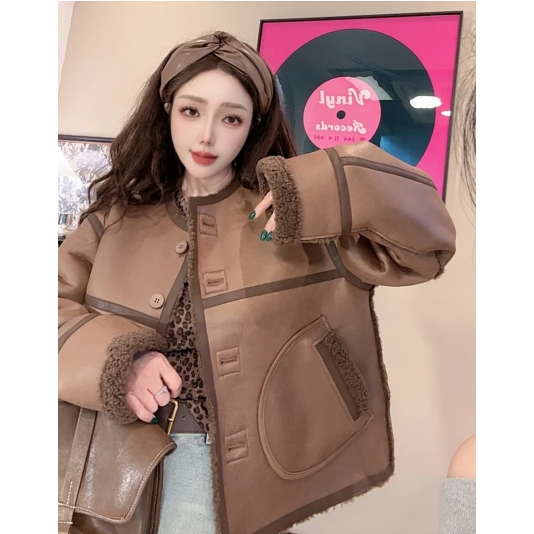 2024年秋季新款时尚百搭纯色长袖加绒加厚皮外套7322