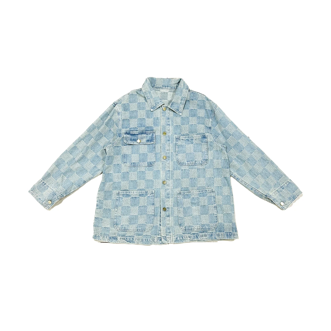 2024年早秋新款潮牌做旧格子长袖牛仔外套4786