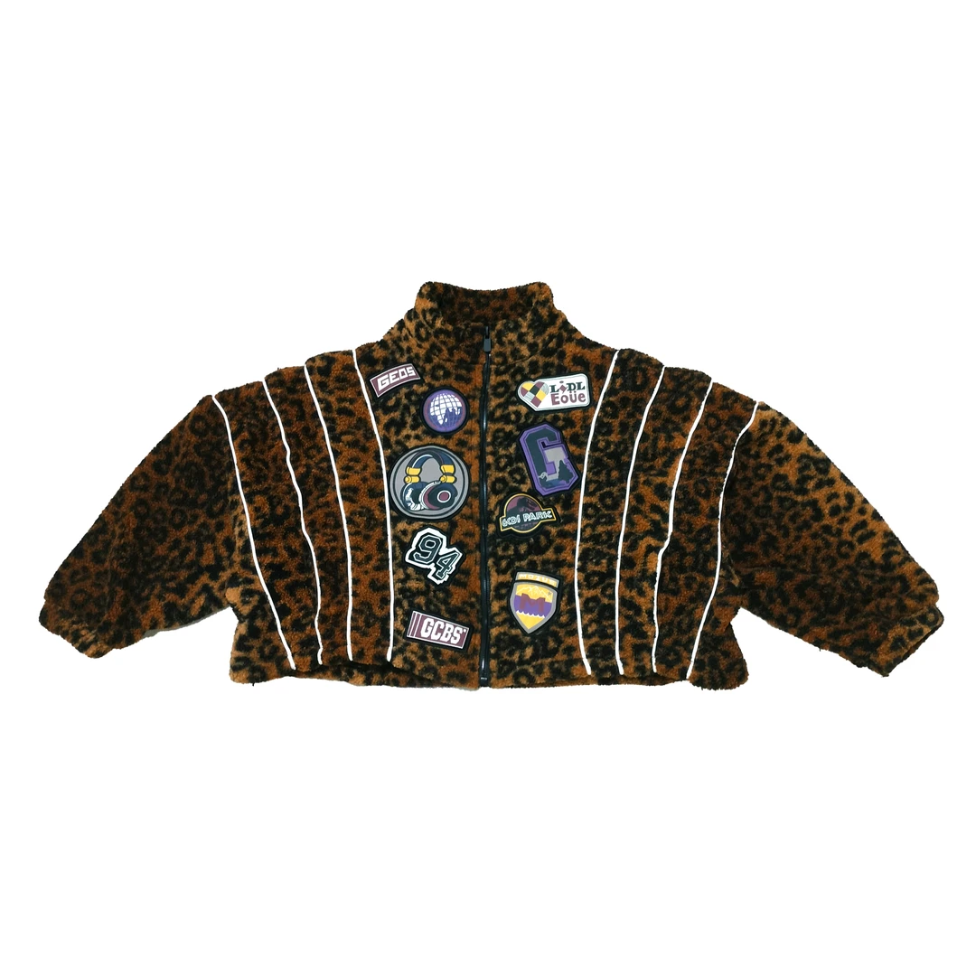 2024年秋季新款时尚百搭豹纹字母卡通刺绣加绒加厚长袖厚外套6987