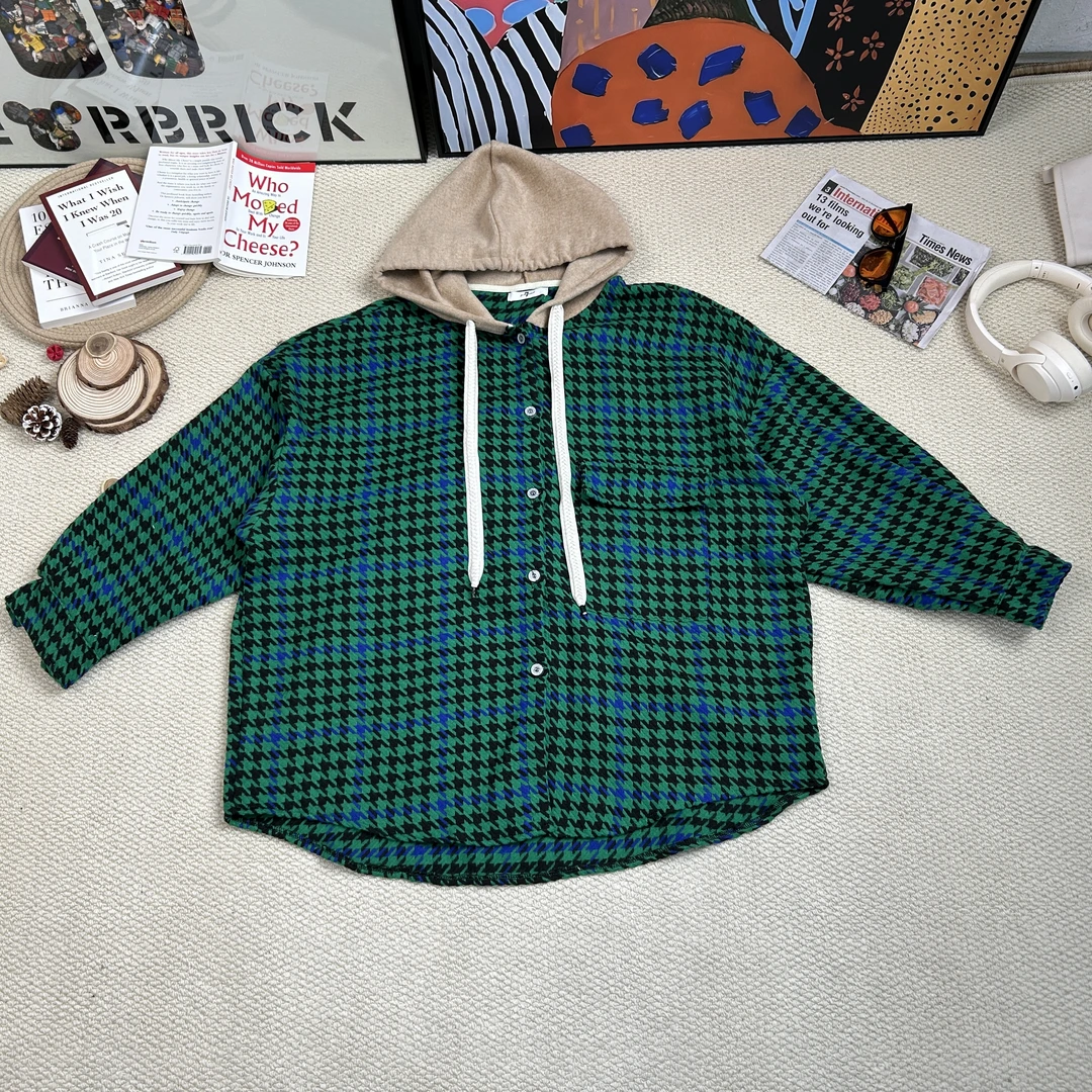 2024秋季新款休闲宽松百搭做旧连帽长袖格子衬衫外套8039