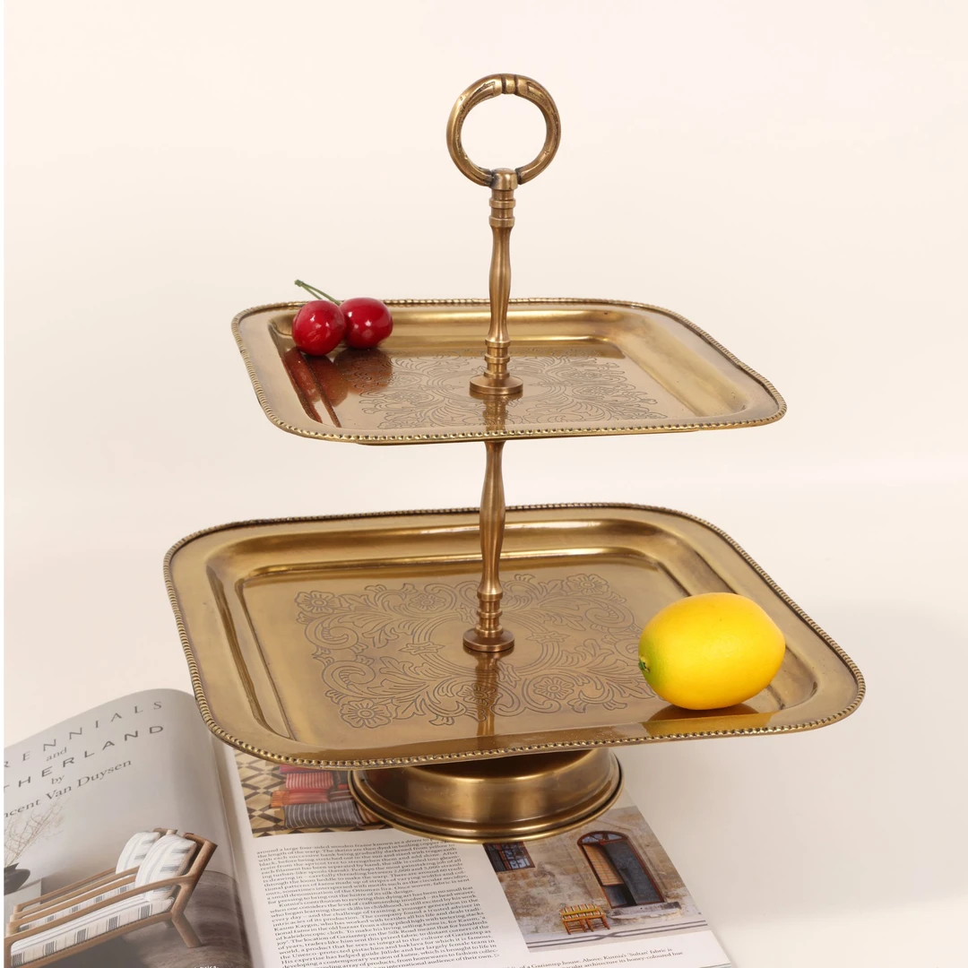 印度进口手工黄铜双层大果盘高档客厅水果盘装饰盘4812550
