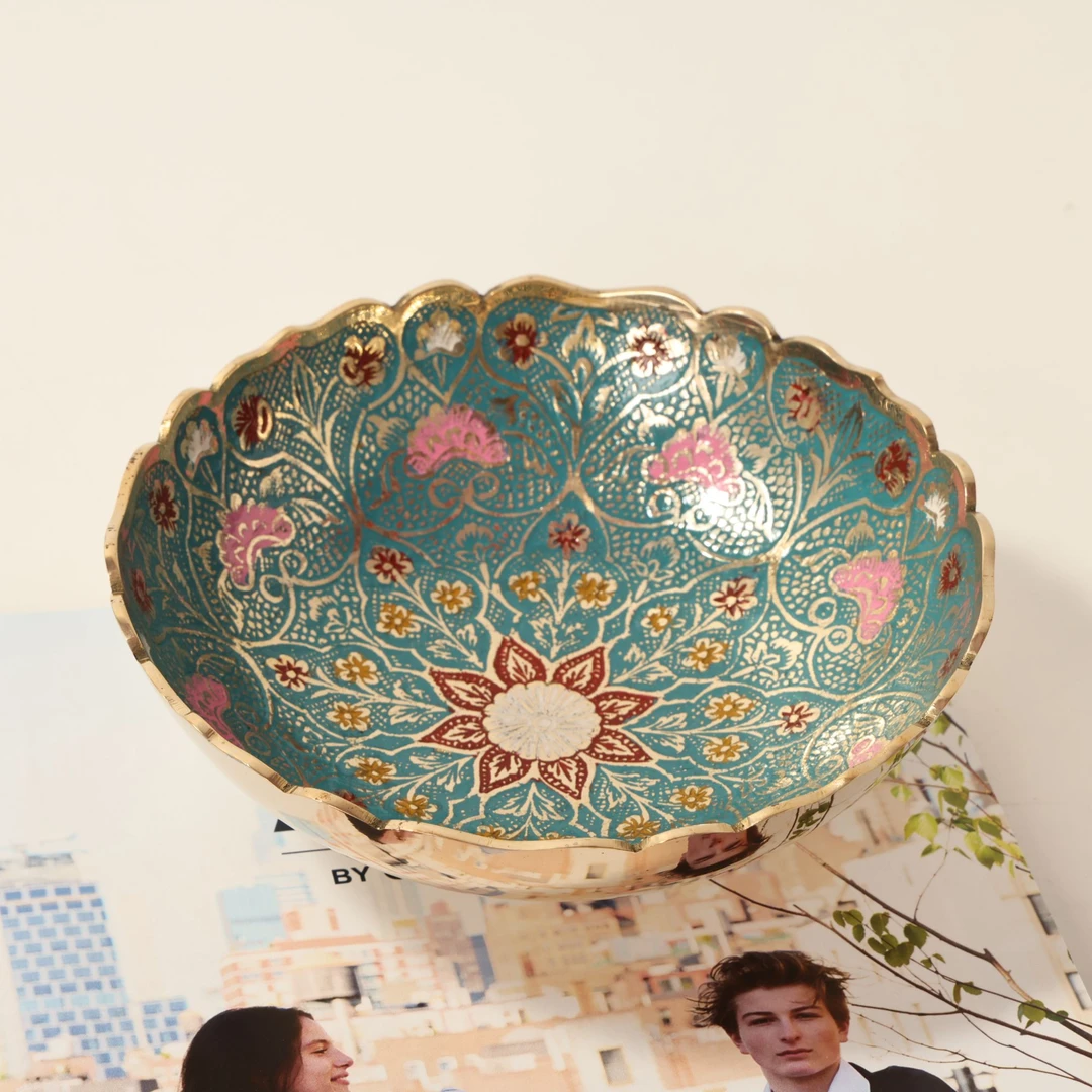 印度进口黄铜手工彩绘雕花干果盘家用装饰盘零食收纳盘4812393