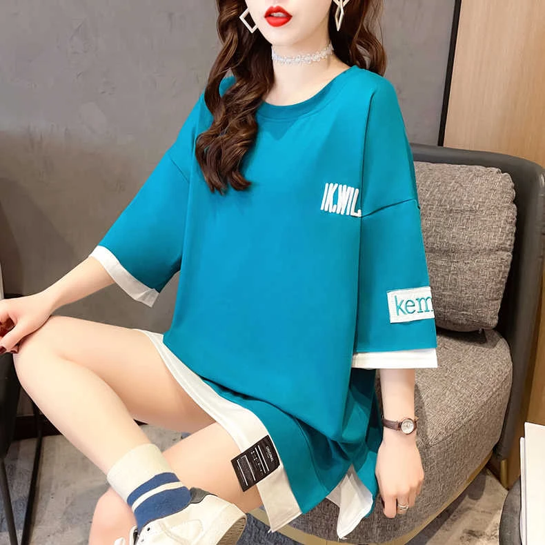 100%纯棉超火网红短袖中长款t恤女宽松大码假两件上衣女时尚1124