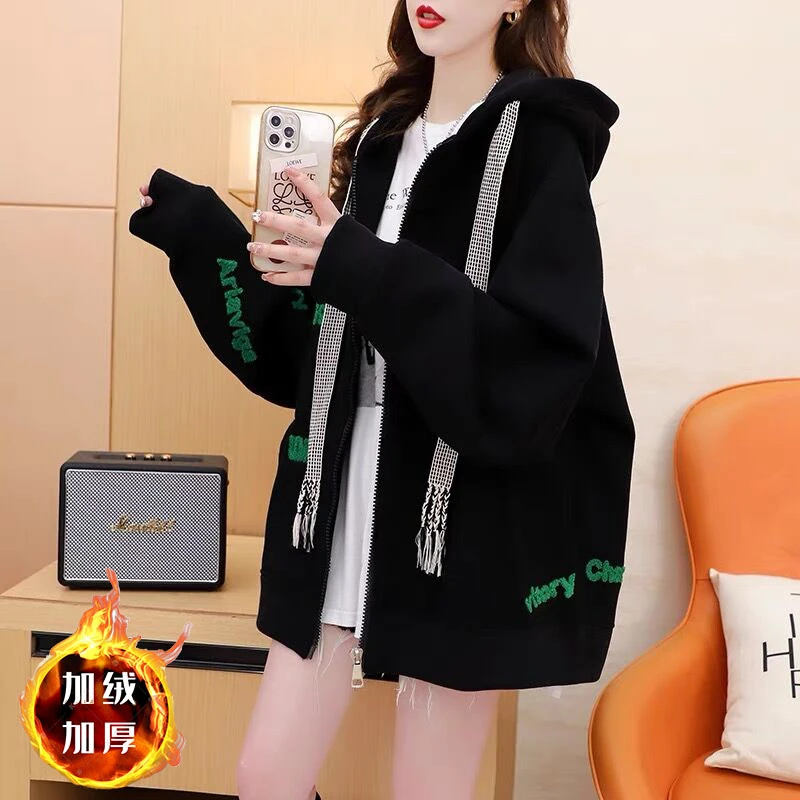 秋冬加绒加厚纯棉卫衣毛巾绣连帽拉链卫衣外套长袖百搭洋气ins