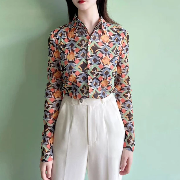 商场同款女装2025秋季新款修身长袖衬衫网纱印花弹力上衣1300782